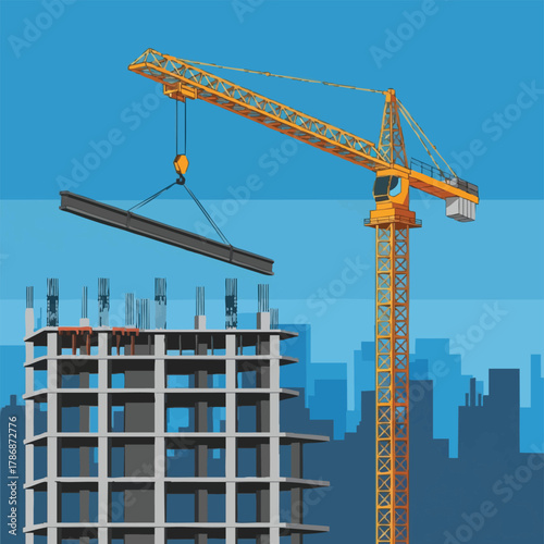 A vibrant vector illustration depicting a construction site with a crane lifting a steel beam onto a building under construction against a blue cityscape backdrop.