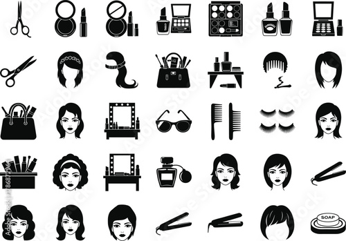 Beauty salon vector icons set with makeup tools, hairstyles, grooming accessories, skincare items, and fashion symbols in silhouette style
