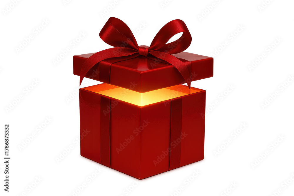 Obraz premium Red gift box opening with glowing light, revealing magic surprise, present for celebration, transparent background