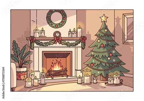 Cozy Christmas Living Room with Decorated Tree and Fireplace.