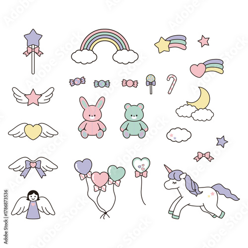 ゆめかわ、ファンシー、ガーリーなイラストセット