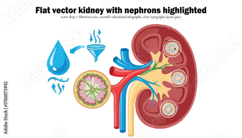 Vector illustration of a kidney with highlighted nephrons, a water drop, a filter, and a sliced fruit, representing the filtration process.