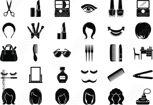 Beauty and fashion silhouette icons set featuring makeup, hairstyle, grooming tools, accessories, and feminine symbols for salon vector design