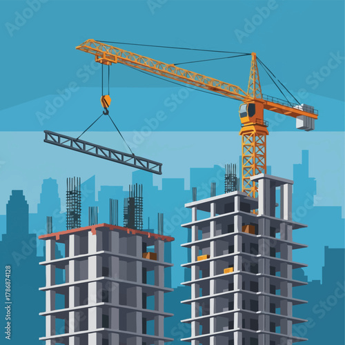 A vibrant vector illustration showcases the construction of high-rise buildings, with a prominent crane lifting a steel beam against a city skyline backdrop.