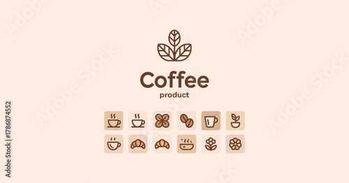 A clean and minimal logo design for a coffee brand featuring elegant icons that represent various coffee products, conveying quality and warmth in beverage experiences.