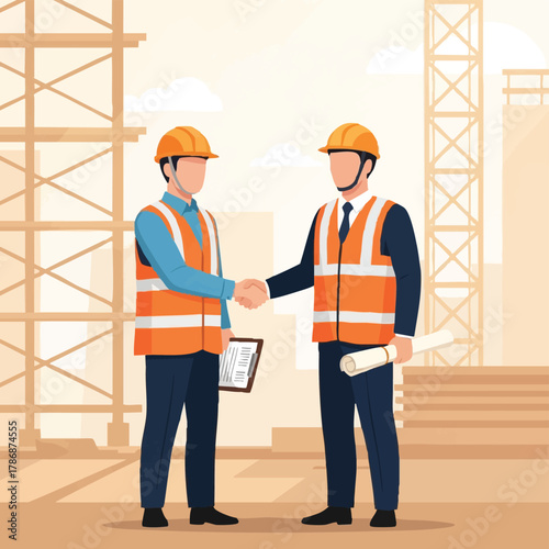 Two construction workers shake hands in front of a building site, symbolizing agreement, collaboration, and the successful completion of a construction project.