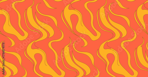 An elegant pattern showcasing flowing flames in vibrant colors, ideal for textiles and branding, evoking warmth and dynamic movement in fashion and graphic design.