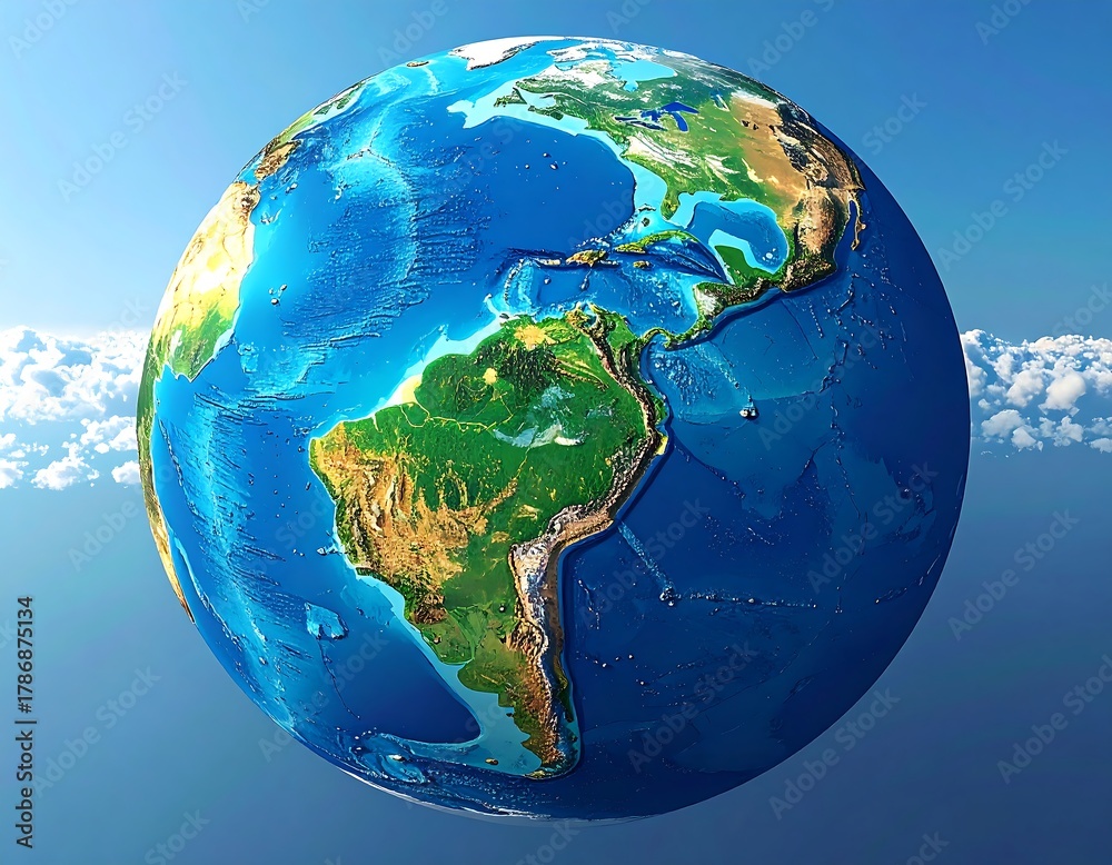 Fototapeta premium A vibrant, detailed depiction of planet Earth, emphasizing land and water forms