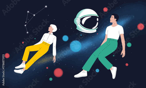 An engaging illustration of two individuals floating in space amid colorful celestial elements, symbolizing exploration and the vastness of the universe.
