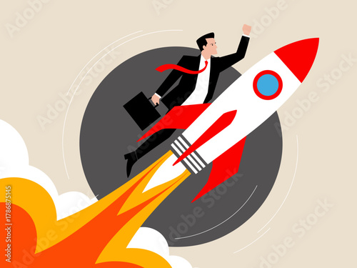 An illustration of a businessman propelled by a rocket, symbolizing ambition and a drive towards success, blending excitement with the corporate world.