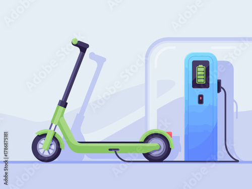 A sleek illustration of a modern electric scooter parked next to a futuristic charging station, representing the shift towards eco-friendly transport solutions in urban areas.