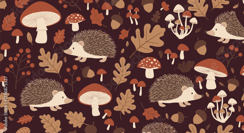 Charming autumn-themed seamless pattern showcasing cute hedgehogs, various mushrooms, acorns, berries, and fallen leaves, ideal for seasonal designs.