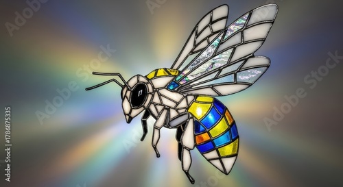 A vibrant, stylized bee with geometric segments and colorful body, set against a radiant, iridescent background.