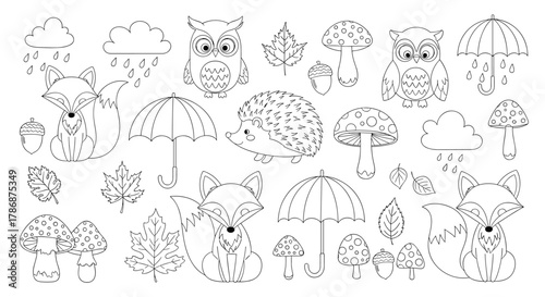 Cute autumn forest animals and nature elements in a dotted line style, ideal for children's tracing and coloring pages.