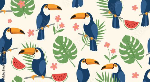 Tropical seamless pattern with toucans, palm leaves, and watermelon slices, perfect for summer designs.