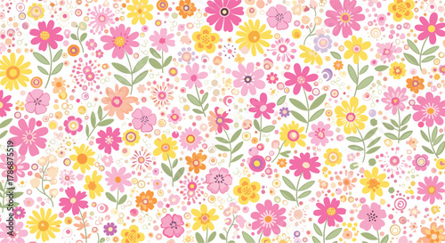 A vibrant and cheerful seamless pattern of cute cartoon flowers in various shades of pink, yellow, and orange on a clean white background.