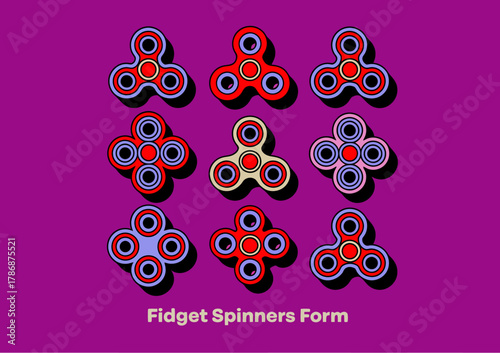 A fun and playful illustration of colorful fidget spinners arranged on a vibrant purple background, capturing the essence of modern toys and recreational activities.