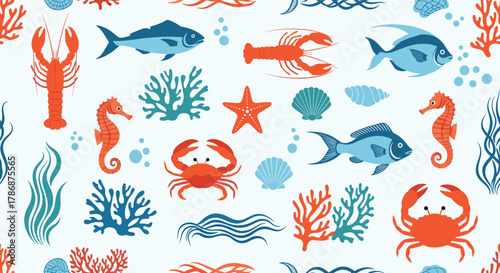 Seamless marine life pattern featuring colorful fish, crabs, lobsters, seahorses, and corals on a light blue background.