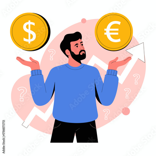 A thoughtful man contemplates between a dollar and euro as financial growth is depicted in the background, symbolizing economic choices and investment strategies.