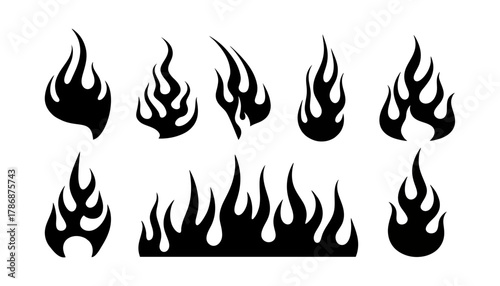 Set of black fire flame vector icons. Simple flat burning fire silhouette collection. Hot energy symbol for graphic design. Blaze pictogram illustration isolated.