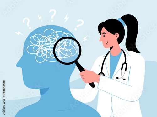 An illustrated scene depicting a healthcare professional examining a patient's mind, highlighting the importance of understanding mental health and seeking professional help.