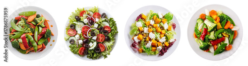 four fresh salad bowls isolated on white background
