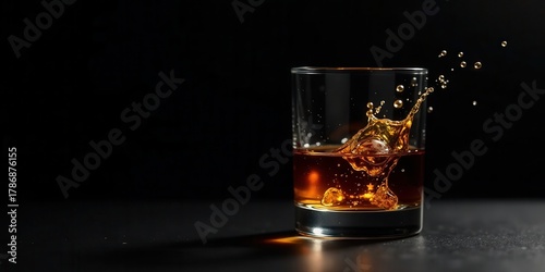 Amber liquid splashing dramatically in a rocks glass against a dark background
