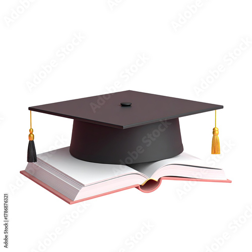Grad cap atop open book, black background, 3D render