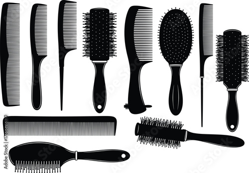 Collection of combs and hairbrushes in silhouette style for hair grooming, styling, detangling, smoothing, curling, and volumizing tools