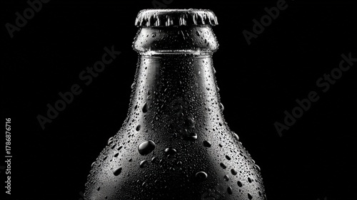 A high-contrast image of a cold bottle, emphasizing the texture of the condensation and the clarity of the liquid inside