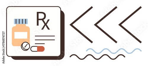 Prescription label with pill bottle, capsule, tablet, and abstract arrows indicating healthcare process flow. Ideal for pharmacy, medicine, health, treatment, healthcare prescription simple flat