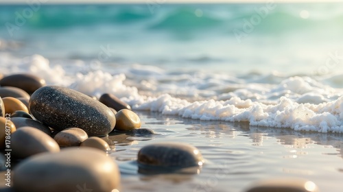Tranquil Seascape Smooth stones resting gently on a sunlit shore, kissed by the soft caress of receding waves, creating a serene and peaceful coastal scene.