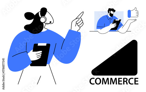 Customer service agent with headset and clipboard providing guidance, virtual client interaction, thumbs-up feedback icon. Ideal for customer support, communication, online service, e-commerce