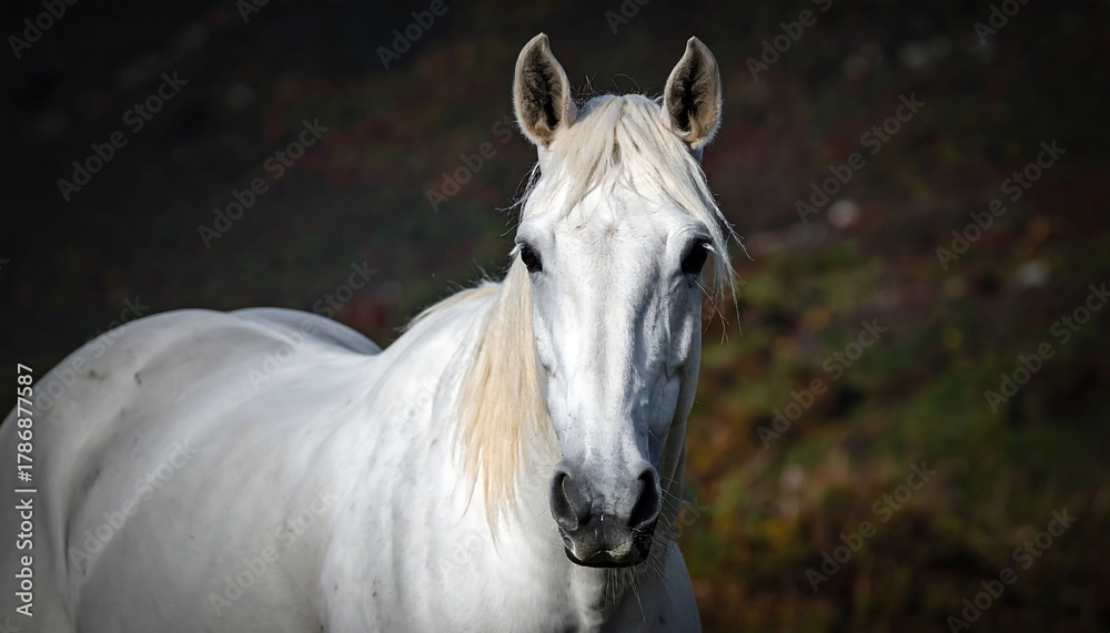 Obraz premium Elegant White Horse Portrait - A Study in Equine Beauty and Grace.