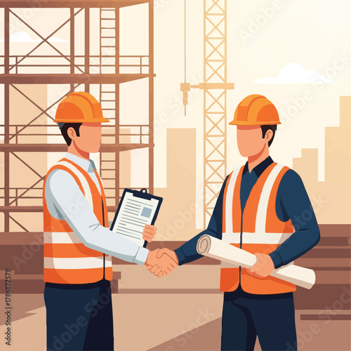 Two construction workers in safety vests shake hands on a building site, symbolizing collaboration and project agreement against a backdrop of scaffolding and city buildings.