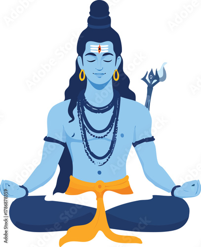 Hindu god shiva meditating with his trident beside him.
