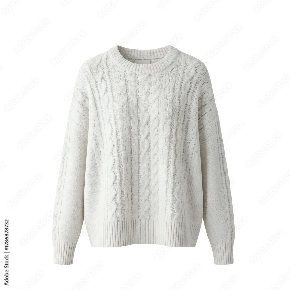 Fototapeta premium Beige Cable Knit Sweater Isolated Background Clothing Fashion Winter Warm Pullover Knitted Cozy