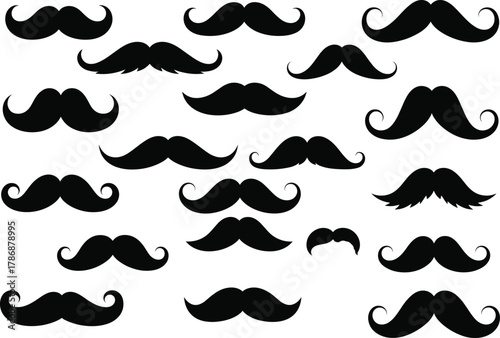 Collection of vintage mustache styles black silhouette vector illustration, retro men grooming design elements for barbershop, fashion and hipster concept