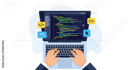 Coding on laptop with code snippets and mouse cursor