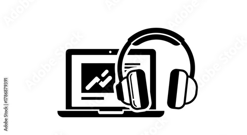 Laptop with headphones icon for online learning
