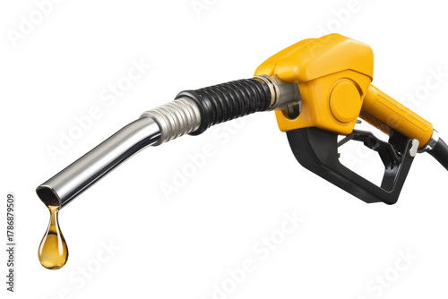 fuel nozzle with dripping gasoline on white background.