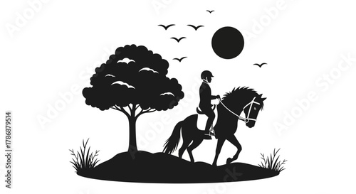 Rider on horseback silhouette with birds and moon
