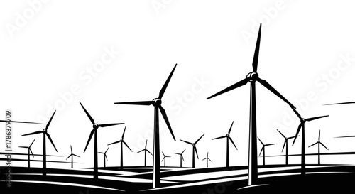 Wind turbine farm landscape with clear sky