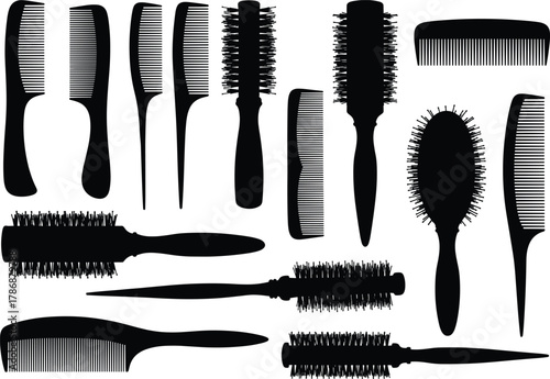 Hairbrush and comb silhouette set with styling tools, grooming accessories, barber elements, vector icons for beauty salon and hair care