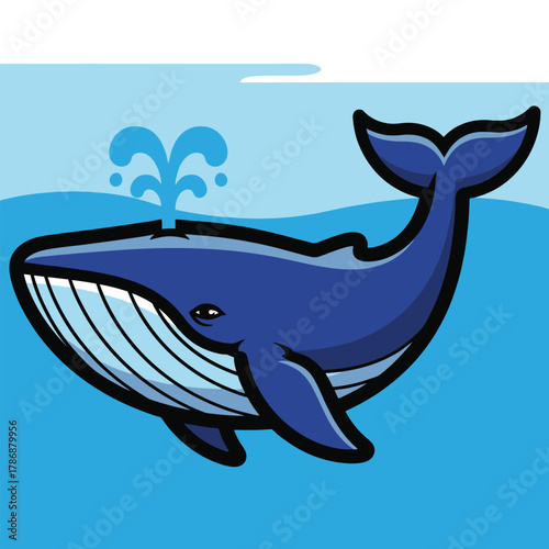 Blue whale swimming in the ocean with water spouts.