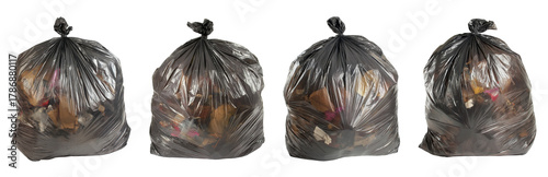 black garbage bags with trash isolated on white background