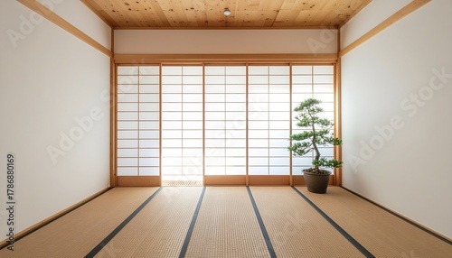 Wallpaper Mural Empty Japanese Room with Shoji Screen and Bonsai Tree Decor Torontodigital.ca