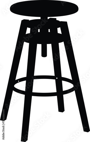 Minimalist black bar stool silhouette with circular footrest and angled legs for kitchen, cafe, restaurant, furniture design and decor themes