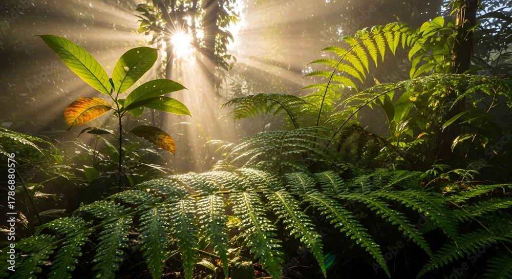 Naklejka premium Sunlight forest ferns nature light green trees plants foliage scenic environment outdoors jungle rays