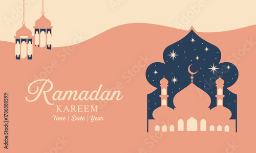 A visually appealing design celebrating Ramadan Kareem, featuring domes, stars, and lanterns, embodying the spirit of generosity, reflection, and cultural significance of Ramadan.